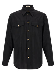 Front view of Versace Black Cotton Silk Jacquard Shirt for Men with Medusa Buttons, a Versace Shirt for Men featuring a pointed collar, chest pockets, tonal jacquard texture, and gold-tone Medusa buttons. Urbalenti NYC, 13879, 48 | M, 79680700467, Black, Blouses - Shirts - Clothing, Clothing, Discount_40-49, in-stock, IT50 | L, IT52 | XL, Men, New with tags, Shirts - Clothing, Versace, XXL.