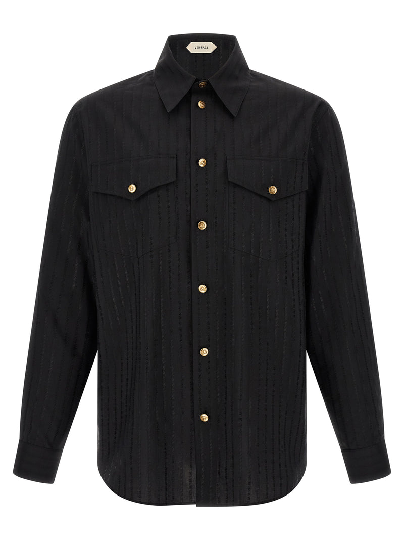 Front view of Versace Black Cotton Silk Jacquard Shirt for Men with Medusa Buttons, a Versace Shirt for Men featuring a pointed collar, chest pockets, tonal jacquard texture, and gold-tone Medusa buttons. Urbalenti NYC, 13879, 48 | M, 79680700467, Black, Blouses - Shirts - Clothing, Clothing, Discount_40-49, in-stock, IT50 | L, IT52 | XL, Men, New with tags, Shirts - Clothing, Versace, XXL.