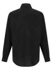 Back view of the Versace Black Cotton Silk Jacquard Shirt for Men with Medusa Buttons, a refined Versace Shirt for Men in black cotton silk jacquard with a rounded hem and long sleeves. Urbalenti NYC, 13879, 48 | M, 79680700467, Black, Blouses - Shirts - Clothing, Clothing, Discount_40-49, in-stock, IT50 | L, IT52 | XL, Men, New with tags, Shirts - Clothing, Versace, XXL.