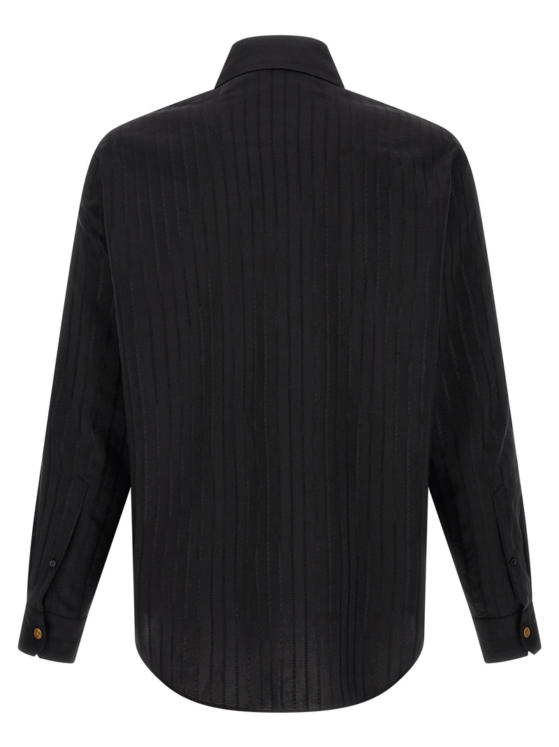 Back view of the Versace Black Cotton Silk Jacquard Shirt for Men with Medusa Buttons, a refined Versace Shirt for Men in black cotton silk jacquard with a rounded hem and long sleeves. Urbalenti NYC, 13879, 48 | M, 79680700467, Black, Blouses - Shirts - Clothing, Clothing, Discount_40-49, in-stock, IT50 | L, IT52 | XL, Men, New with tags, Shirts - Clothing, Versace, XXL.