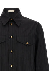 Close-up of the Versace Black Cotton Silk Jacquard Shirt for Men with Medusa Buttons, highlighting the pointed collar, chest pocket, tonal jacquard pattern, and gold-tone Medusa buttons on this Versace Shirt for Men. Urbalenti NYC, 13879, 48 | M, 79680700467, Black, Blouses - Shirts - Clothing, Clothing, Discount_40-49, in-stock, IT50 | L, IT52 | XL, Men, New with tags, Shirts - Clothing, Versace, XXL.