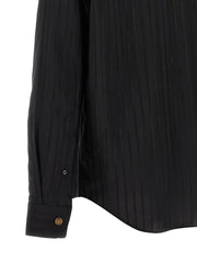 Close-up detail of the sleeve and curved hem on the Versace Black Cotton Silk Jacquard Shirt for Men with Medusa Buttons, showcasing the black cotton silk texture and gold-tone cuff button of this Versace Shirt for Men. Urbalenti NYC, 13879, 48 | M, 79680700467, Black, Blouses - Shirts - Clothing, Clothing, Discount_40-49, in-stock, IT50 | L, IT52 | XL, Men, New with tags, Shirts - Clothing, Versace, XXL.
