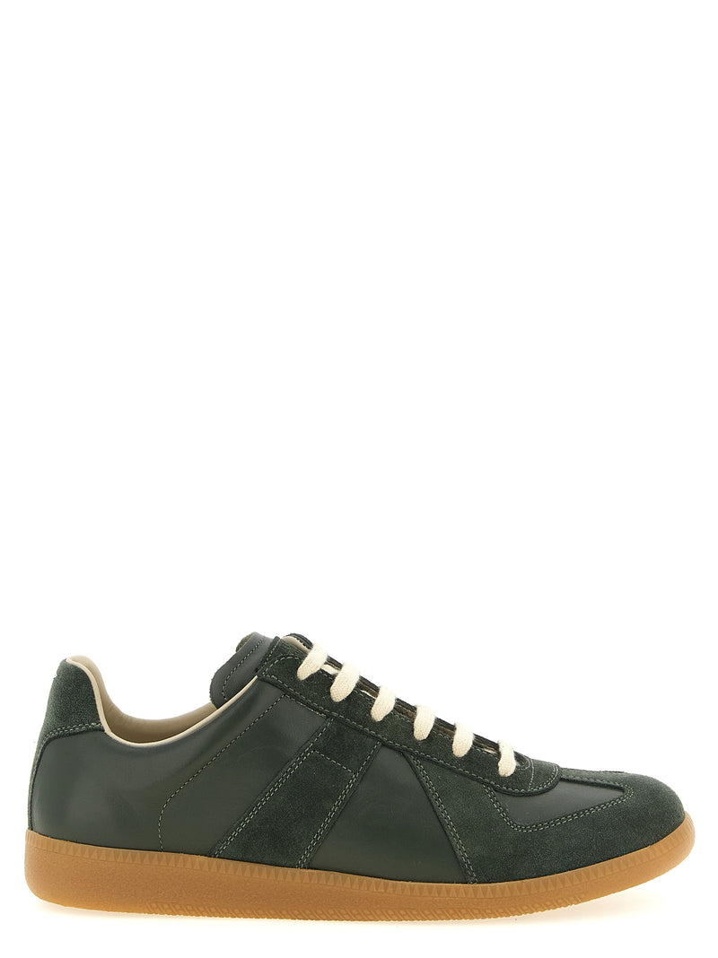 Maison Margiela Replica Bicolor Calfskin Low Top Sneakers in forest green leather and suede, side view with cream laces and honey rubber sole. Maison Margiela Replica Sneakers for Men, available at Urbalenti NYC, style 13879, product code 79680700467, Bicolor, Discount_30-39, sizes EU 40 | US 7, EU 41 | US 8, EU43/US10, in-stock, Low Tops - Sneakers - Shoes, Maison Margiela, Men, New with tags, Shoes, Sneakers - Shoes.