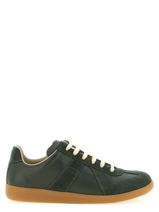 Maison Margiela Replica Bicolor Calfskin Low Top Sneakers in forest green leather and suede, side view with cream laces and honey rubber sole. Maison Margiela Replica Sneakers for Men, available at Urbalenti NYC, style 13879, product code 79680700467, Bicolor, Discount_30-39, sizes EU 40 | US 7, EU 41 | US 8, EU43/US10, in-stock, Low Tops - Sneakers - Shoes, Maison Margiela, Men, New with tags, Shoes, Sneakers - Shoes.
