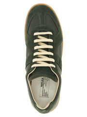 Top view of Maison Margiela Replica Bicolor Calfskin Low Top Sneakers showing cream flat laces, green leather and suede panels, branded insole, and honey-toned sole. Maison Margiela Replica Sneakers for Men at Urbalenti NYC, style 13879, product code 79680700467, Bicolor, Discount_30-39, EU 40 | US 7, EU 41 | US 8, EU43/US10, in-stock, Low Tops - Sneakers - Shoes, Maison Margiela, Men, New with tags, Shoes, Sneakers - Shoes.