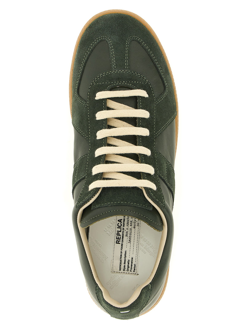 Top view of Maison Margiela Replica Bicolor Calfskin Low Top Sneakers showing cream flat laces, green leather and suede panels, branded insole, and honey-toned sole. Maison Margiela Replica Sneakers for Men at Urbalenti NYC, style 13879, product code 79680700467, Bicolor, Discount_30-39, EU 40 | US 7, EU 41 | US 8, EU43/US10, in-stock, Low Tops - Sneakers - Shoes, Maison Margiela, Men, New with tags, Shoes, Sneakers - Shoes.