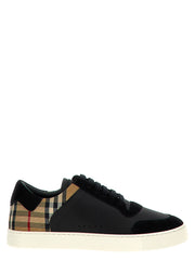 Side view of Burberry Black Leather & Suede Low Top Sneakers for Men, Burberry Sneakers for Men in black with signature check-print heel, lace-up closure, and white rubber sole. Urbalenti NYC, 13879, 79680700467, Black, Burberry, Discount_40-49, EU 41 | US 8, EU44/US11, in-stock, Low Tops - Sneakers - Shoes, Men, New with tags, Shoes, Sneakers - Shoes.