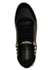 Top view of Burberry Black Leather & Suede Low Top Sneakers for Men, Burberry Sneakers for Men with black lace-up design, branded insole, suede toe detail, and signature check-print side accents. Urbalenti NYC, 13879, 79680700467, Black, Burberry, Discount_40-49, EU 41 | US 8, EU44/US11, in-stock, Low Tops - Sneakers - Shoes, Men, New with tags, Shoes, Sneakers - Shoes.