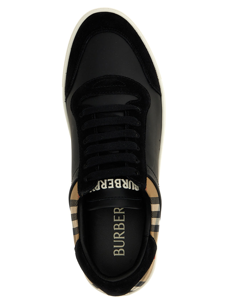 Top view of Burberry Black Leather & Suede Low Top Sneakers for Men, Burberry Sneakers for Men with black lace-up design, branded insole, suede toe detail, and signature check-print side accents. Urbalenti NYC, 13879, 79680700467, Black, Burberry, Discount_40-49, EU 41 | US 8, EU44/US11, in-stock, Low Tops - Sneakers - Shoes, Men, New with tags, Shoes, Sneakers - Shoes.