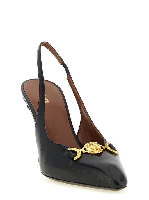 Versace Black Lamb Leather Slingback Stiletto Pumps with Medusa, Versace Slingback Pumps shown from the front three-quarter view with pointed toe, polished black lamb leather, gold-tone Medusa ornament, and slingback strap. Available from Urbalenti NYC, style 13879, item 79680700467, in Black, Discount_40-49, sizes EU36/US6, EU37/US7, EU38/US8, EU39/US9, EU40/US10, and EU41/US11. High Heel - Pumps - Shoes, in-stock, New with tags, Pumps - Shoes, Shoes, Versace, Women.