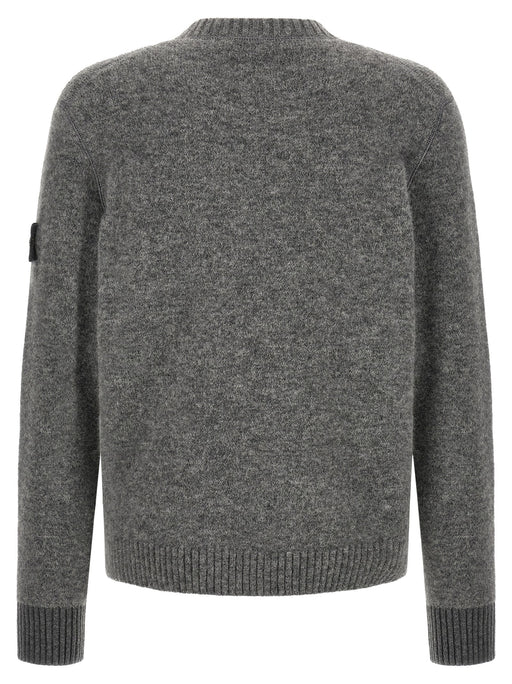 Back view of the Stone Island Gray Alpaca Wool Crew Neck Sweater for Men, a soft gray Stone Island Wool Sweater for Men crafted from an alpaca and virgin wool blend with ribbed cuffs and hem. Urbalenti NYC, model 13879, SKU 79680700467, Cardigans - Sweaters - Clothing, Clothing, Discount_30-39, Gray, in-stock, sizes L, M, XL, and XXL, Men, New with tags, Stone Island, Sweaters - Clothing.