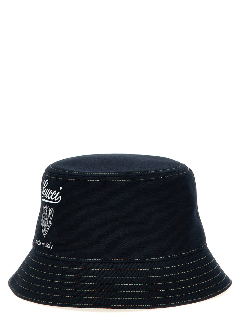 Gucci Blue Cotton Bucket Hat with Coat of Arms Print