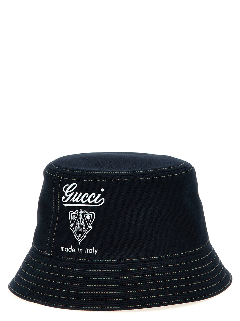 Gucci Blue Cotton Bucket Hat with Coat of Arms Print