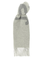 Jacquemus Wool Scarf, Jacquemus Gray Virgin Wool Scarf with Intarsia Logo and Fringes, shown in full with gray intarsia logo and fringed edges at Urbalenti NYC