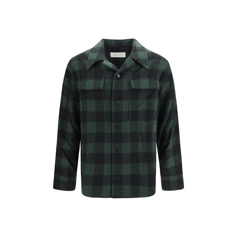 Front view of the AMI Paris Bicolor Merino Wool Check Shirt for Men with Chest Pockets, an AMI Paris Shirt for Men in a green and black check pattern, displayed as an AMI Paris Shirt for Men at Urbalenti NYC.