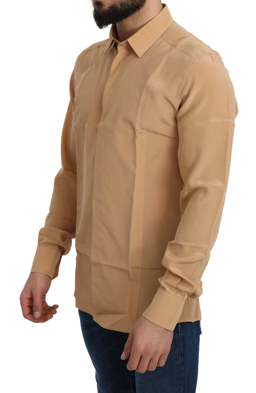 Dolce & Gabbana Yellow Silk Slim Fit Formal Shirt for Men shown from the front side, featuring a pointed collar, long sleeves, and polished tailoring. This Dolce & Gabbana Formal Shirt for Men is listed for Urbalenti NYC, 13879, 79679946803, Clothing, Discount_80-89, Dolce & Gabbana, Dress Shirts - Shirts - Clothing, in-stock, IT40 | M, Men, New with tags, Shirts - Clothing, Yellow.