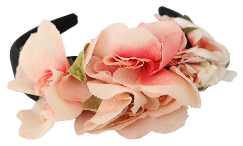 Cerchietto Dolce & Gabbana rosa in seta con fiori neri e logo