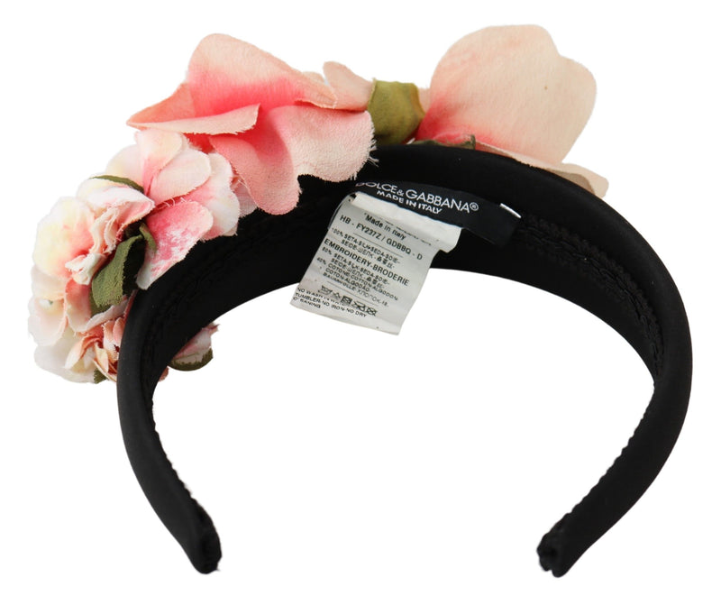 Cerchietto Dolce & Gabbana rosa in seta con fiori neri e logo