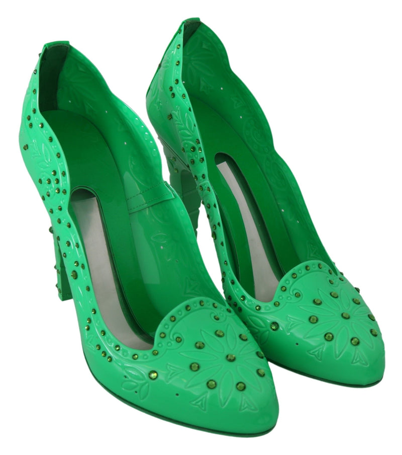 Scarpe con tacco CINDERELLA Dolce & Gabbana verdi con cristalli e motivi floreali