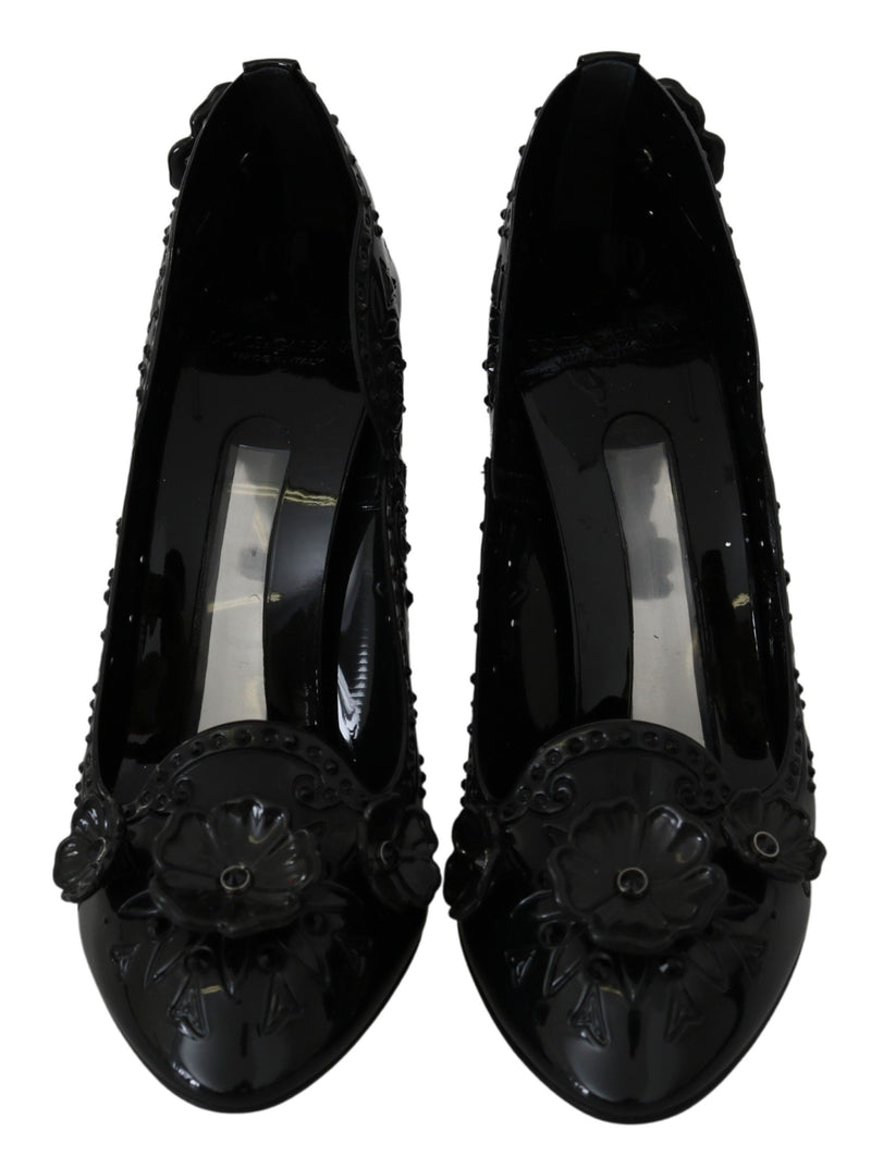 Sapatos de salto CINDERELLA florais com cristais pretos Dolce & Gabbana