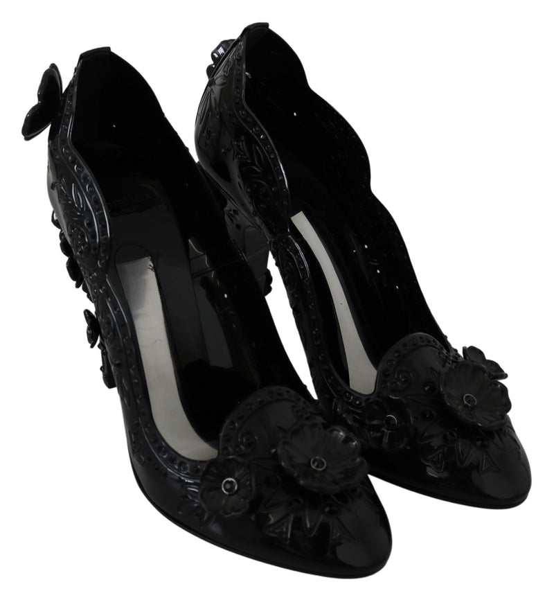 Sapatos de salto CINDERELLA florais com cristais pretos Dolce & Gabbana