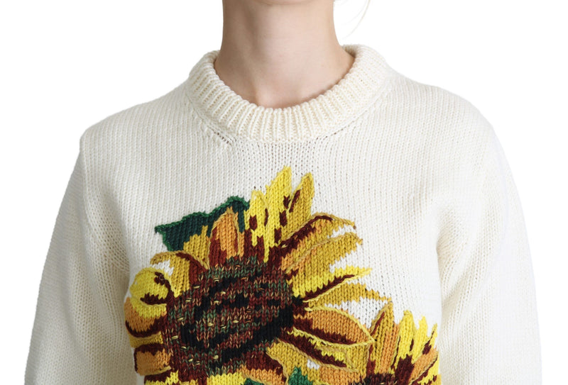 Suéter blanco de lana con girasoles y motivos florales Dolce & Gabbana