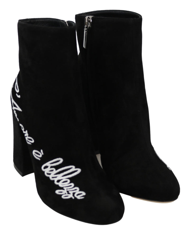 Botas Dolce & Gabbana de camurça preta com a inscrição L'Amore E'Bellezza