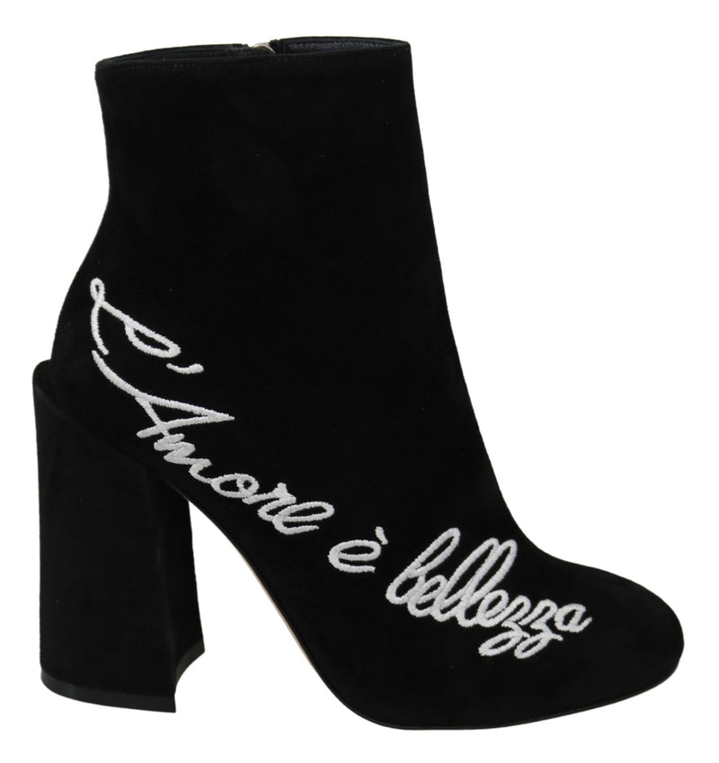 Botas Dolce & Gabbana de camurça preta com a inscrição L'Amore E'Bellezza