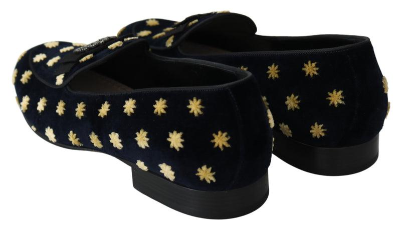 Mocasines tipo pantufla de terciopelo azul con corona de Dolce & Gabbana