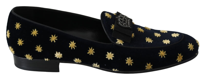 Mocasines tipo pantufla de terciopelo azul con corona de Dolce & Gabbana