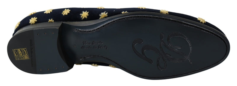 Mocasines tipo pantufla de terciopelo azul con corona de Dolce & Gabbana