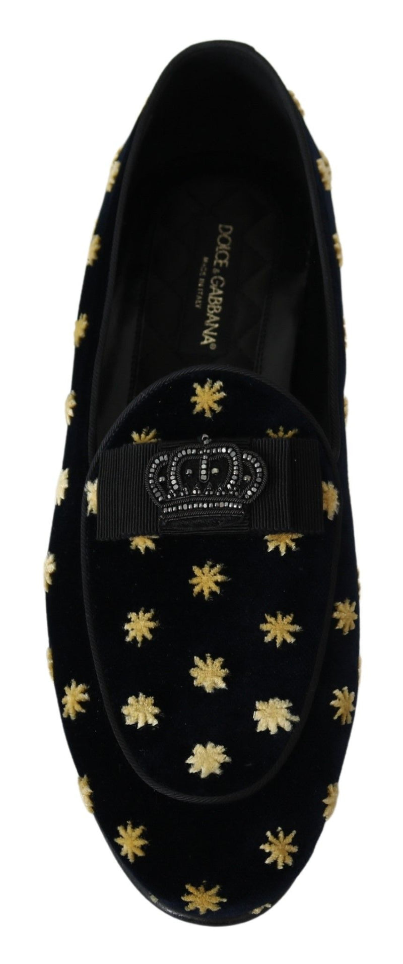 Mocasines tipo pantufla de terciopelo azul con corona de Dolce & Gabbana