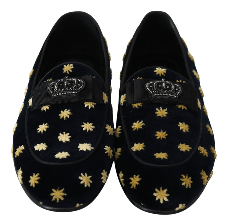 Mocasines tipo pantufla de terciopelo azul con corona de Dolce & Gabbana