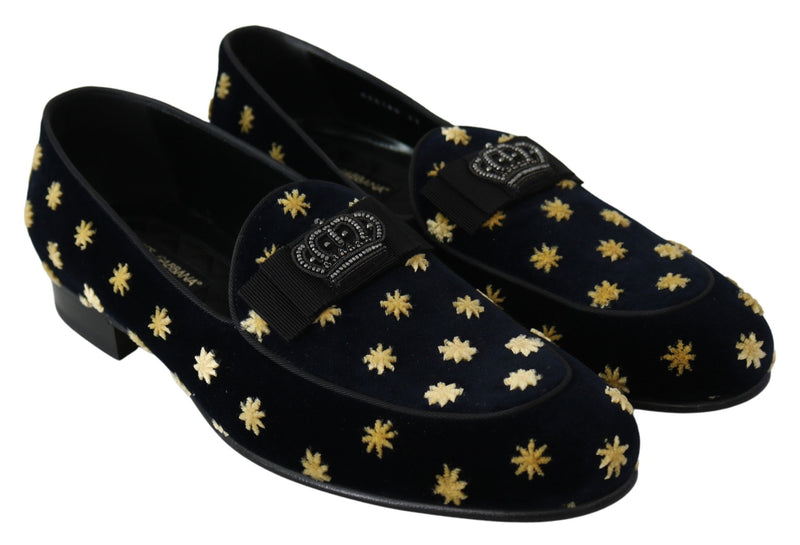 Mocasines tipo pantufla de terciopelo azul con corona de Dolce & Gabbana
