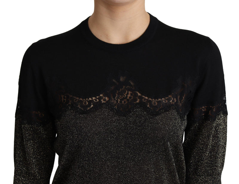 Maglia Dolce & Gabbana nera in lurex lucido con inserti in pizzo