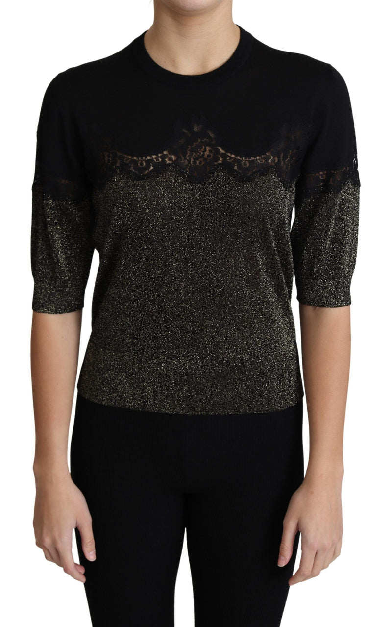 Maglia Dolce & Gabbana nera in lurex lucido con inserti in pizzo