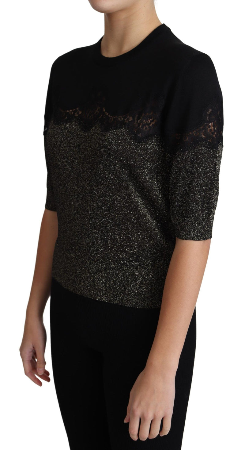 Maglia Dolce & Gabbana nera in lurex lucido con inserti in pizzo