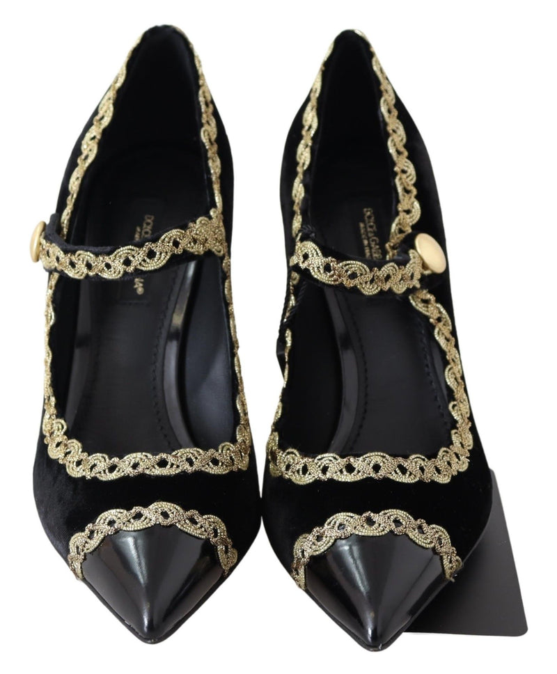 Zapatos Mary Jane negros de terciopelo con tacón y detalles dorados de Dolce & Gabbana