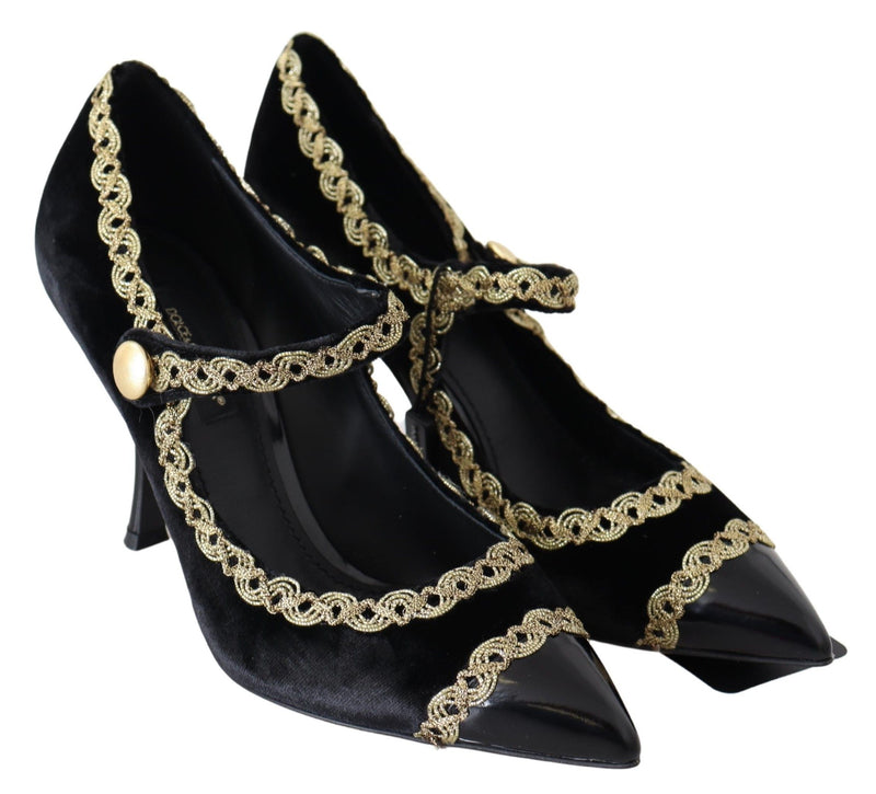 Zapatos Mary Jane negros de terciopelo con tacón y detalles dorados de Dolce & Gabbana