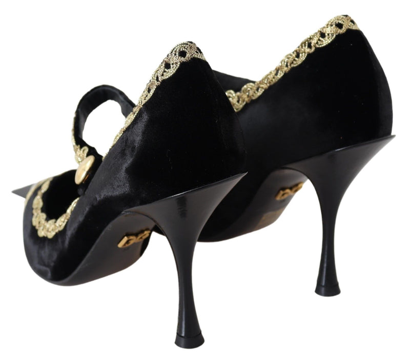 Zapatos Mary Jane negros de terciopelo con tacón y detalles dorados de Dolce & Gabbana
