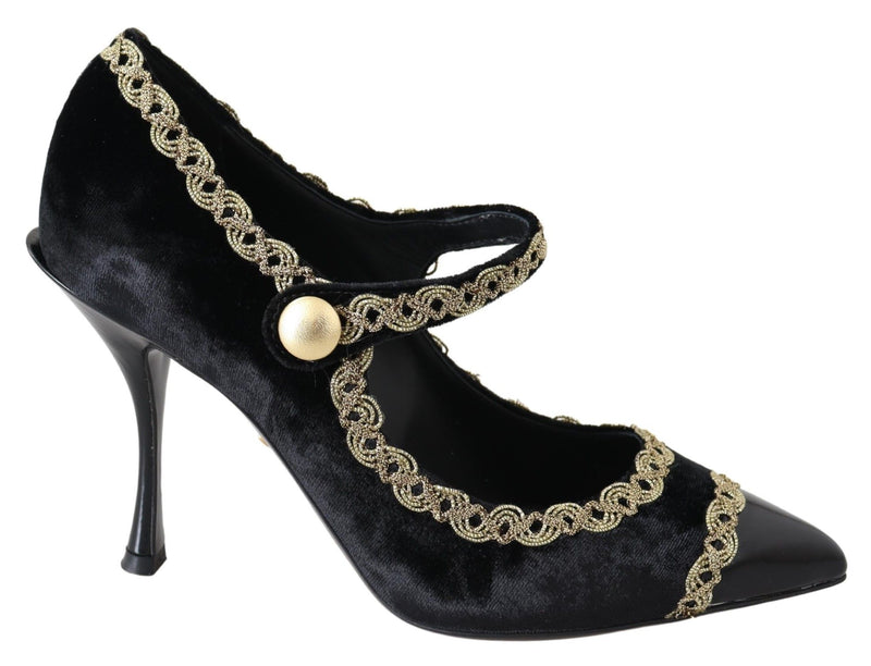 Zapatos Mary Jane negros de terciopelo con tacón y detalles dorados de Dolce & Gabbana
