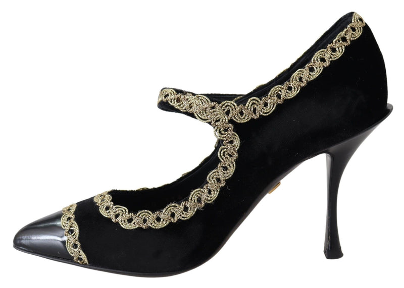 Zapatos Mary Jane negros de terciopelo con tacón y detalles dorados de Dolce & Gabbana