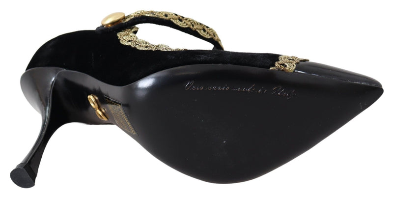 Zapatos Mary Jane negros de terciopelo con tacón y detalles dorados de Dolce & Gabbana
