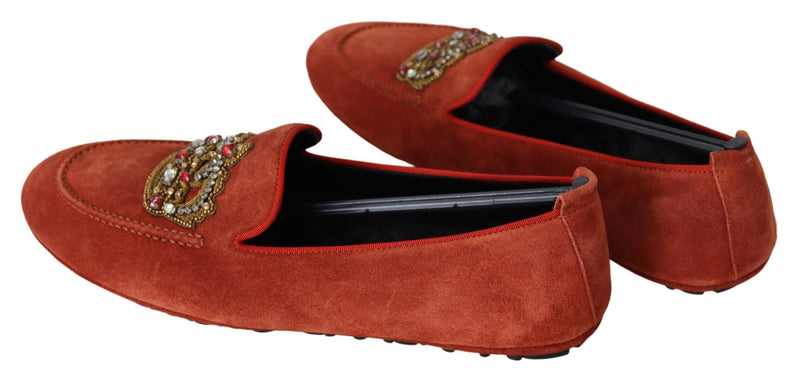 Dolce & Gabbana Orange Leather Crystal Crown  Loafers Shoes