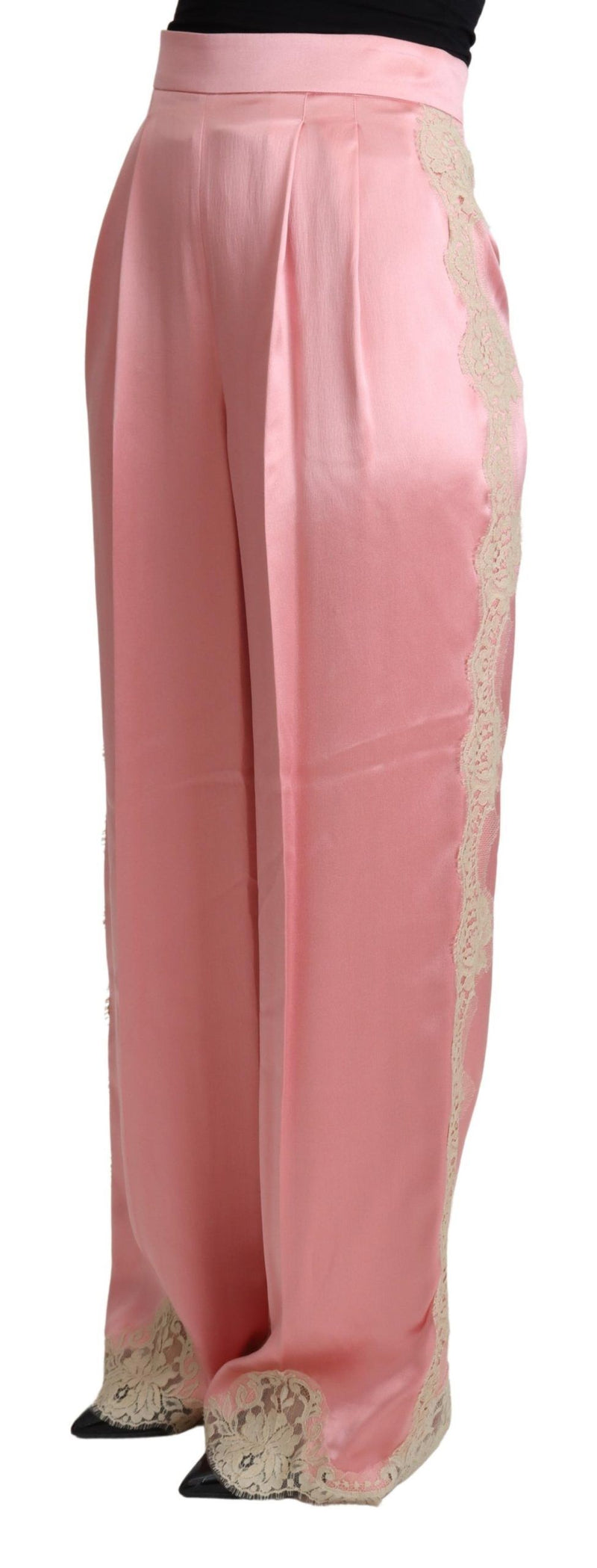 Calça pantalona de cetim de seda rosa Dolce & Gabbana com acabamento em renda