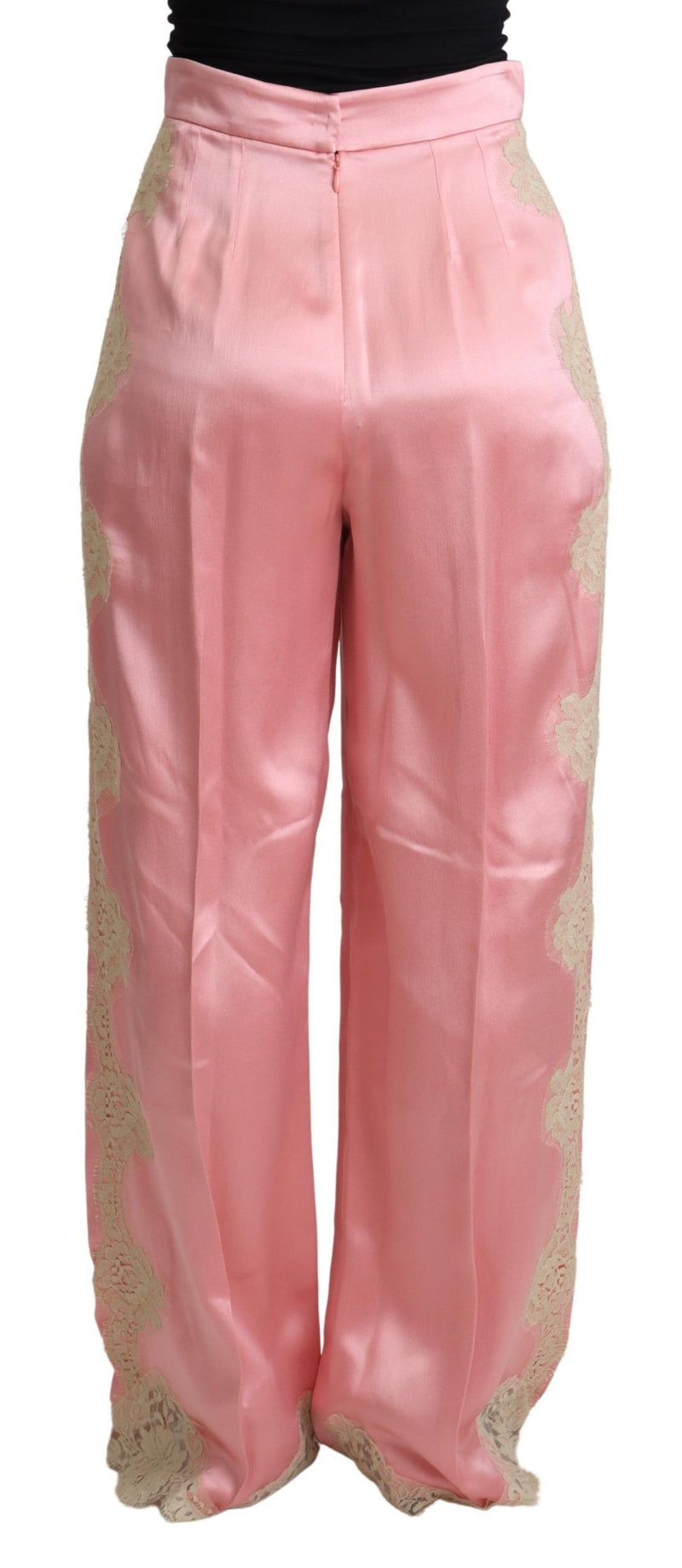 Calça pantalona de cetim de seda rosa Dolce & Gabbana com acabamento em renda