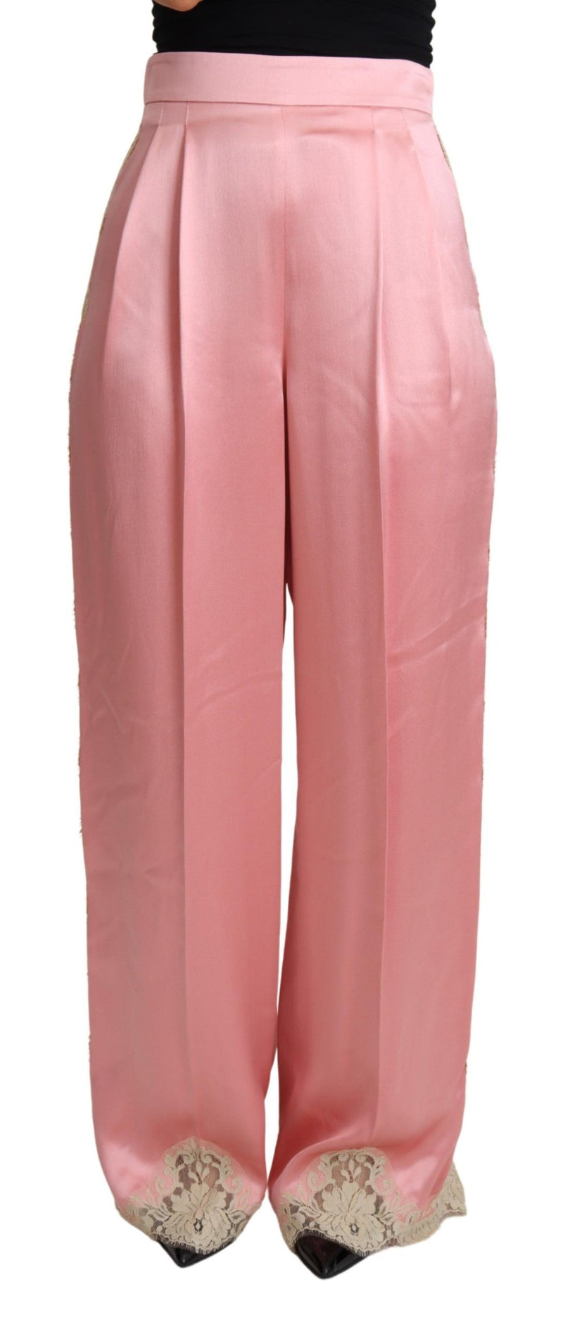Calça pantalona de cetim de seda rosa Dolce & Gabbana com acabamento em renda