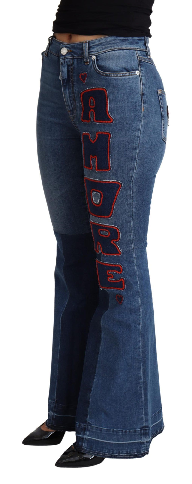 Calça azul Dolce & Gabbana, corte boot cut, de algodão stretch, com patch Amore