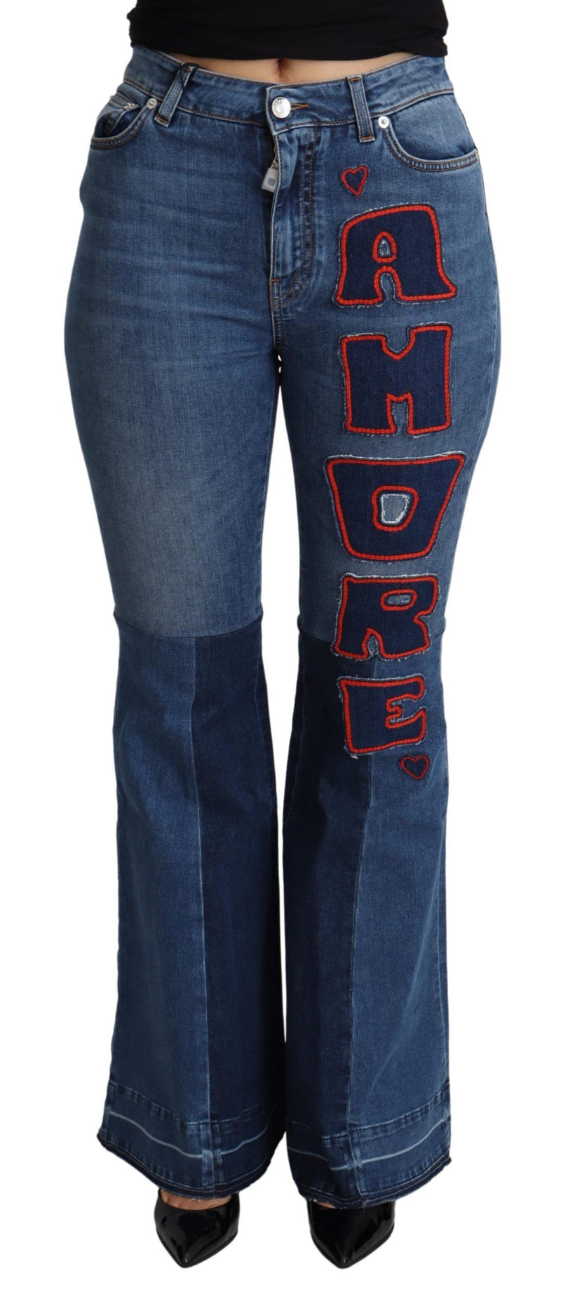 Calça azul Dolce & Gabbana, corte boot cut, de algodão stretch, com patch Amore
