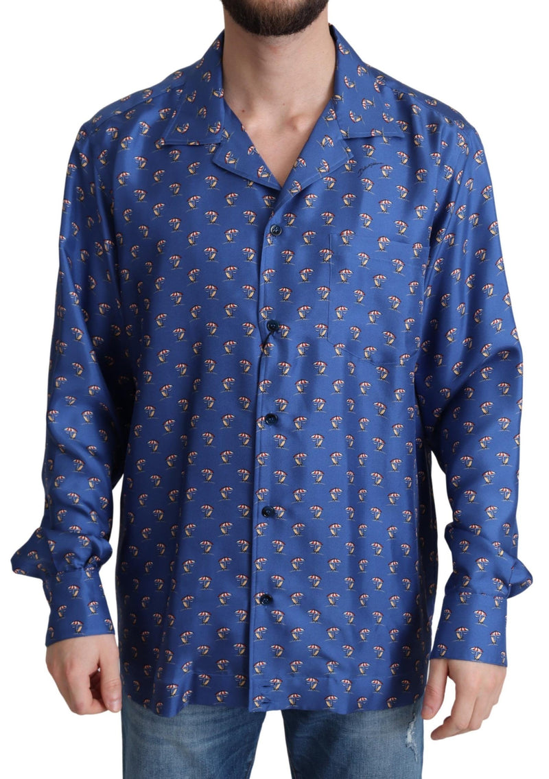 Camicia in seta blu con stampa di sedie a sdraio e ombrelloni Dolce & Gabbana